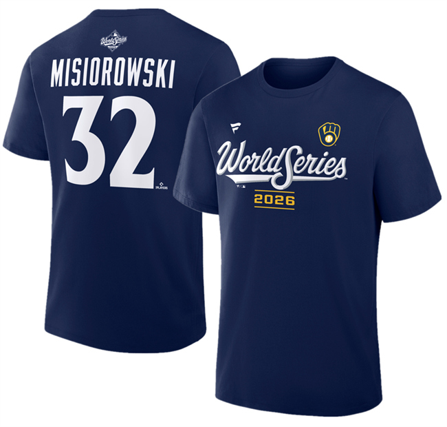 Men's Navy Milwaukee Brewers #32 Jacob Misiorowski 2026 World Series Name & Number T-Shirt